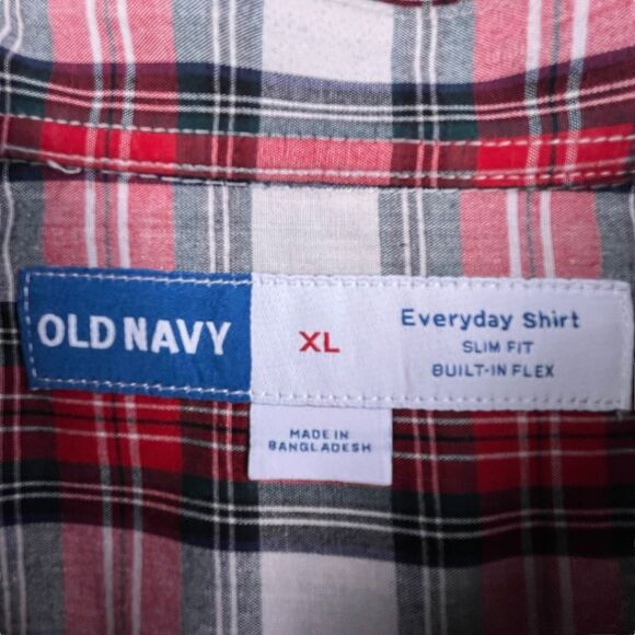 Old Navy Everyday Slim Fit Shirt Mens XL Red Plaid Long Sleeve Button Up Oxford - Picture 4 of 11
